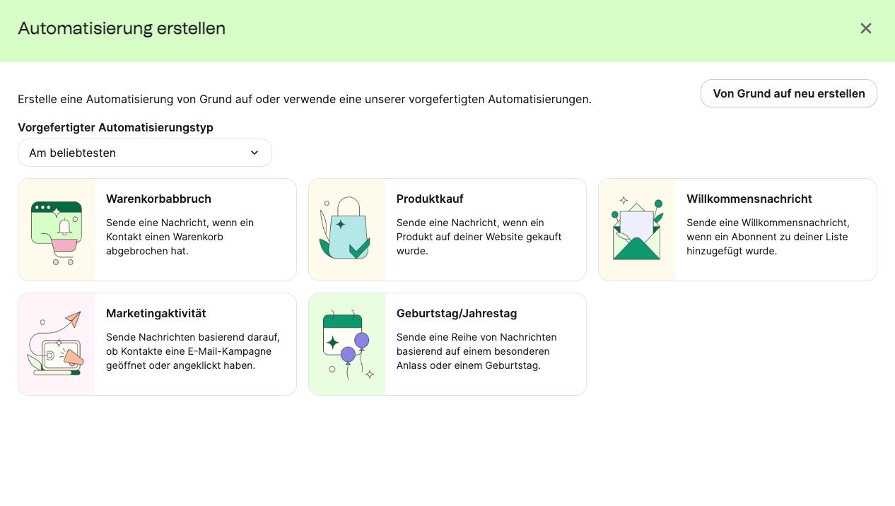 Screenshot der Automatisierungsoptionen von Brevo. Oben rechts der Button "Von Grund auf neu erstellen", unten fünf Auswahlmöglichkeiten: Warenkorbabbruch, Produktkauf, Willkommensnachricht, Marketingaktivität, Geburtstag/Jahrestag