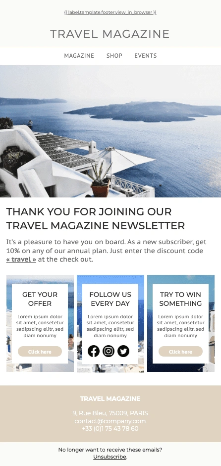 Bestätigungs-E-Mail-Vorlage eines fiktiven Reisemagazins. Der Titel lautet: Thank you for joining our travel magazine newsletter.