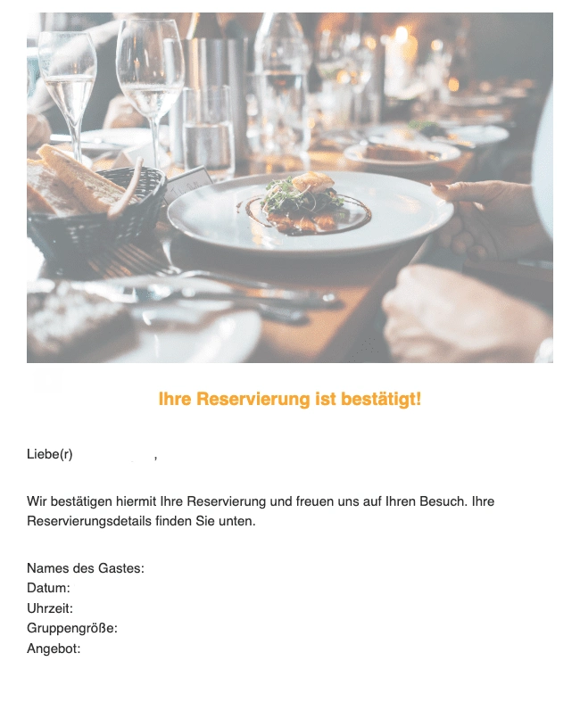 Bestätigungs-E-Mail eines Restaurants, versandt über die Buchungsplattform DISH. Der Titel lautet: Ihre Reservierung ist bestätigt!
