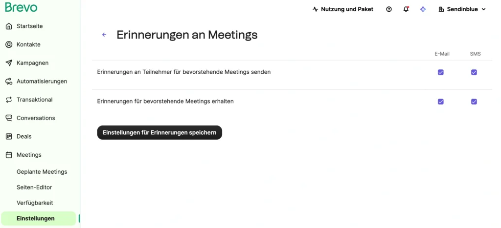 Screenshot der Brevo-Plattform, auf dem zu sehen ist, wie man Terminerinnerungen mit Brevo einrichtet