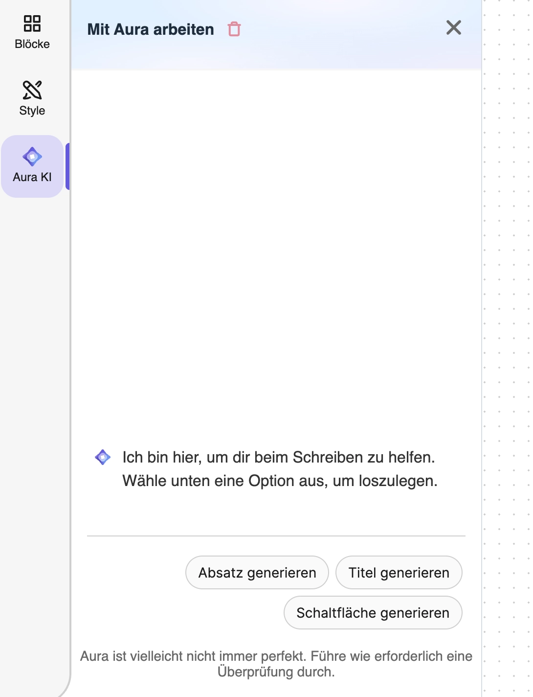 Screenshot der Benutzeroberfläche von Brevo mit aktiviertem Aura KI-Assistenten. Die Optionen ‚Absatz generieren‘, ‚Titel generieren‘ und ‚Schaltfläche generieren‘ zeigen, wie Nutzer mithilfe von KI Mails schreiben und Inhalte automatisch erstellen lassen können.