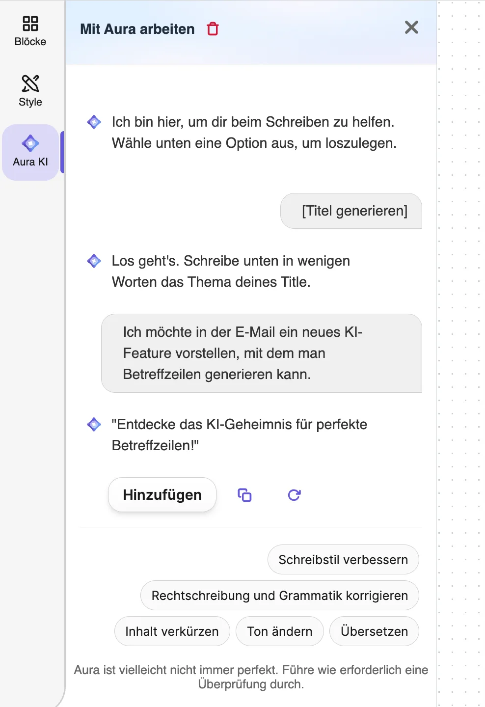 Screenshot der Brevo-Oberfläche mit dem aktivierten Aura KI-Assistenten. Die Nutzerin gibt ein Thema ein, und Aura erstellt automatisch einen Vorschlag für einen Titel wie ‚Entdecke das KI-Geheimnis für perfekte Betreffzeilen!‘ – ein Beispiel für den Einsatz von KI zum Mail schreiben und Optimieren.