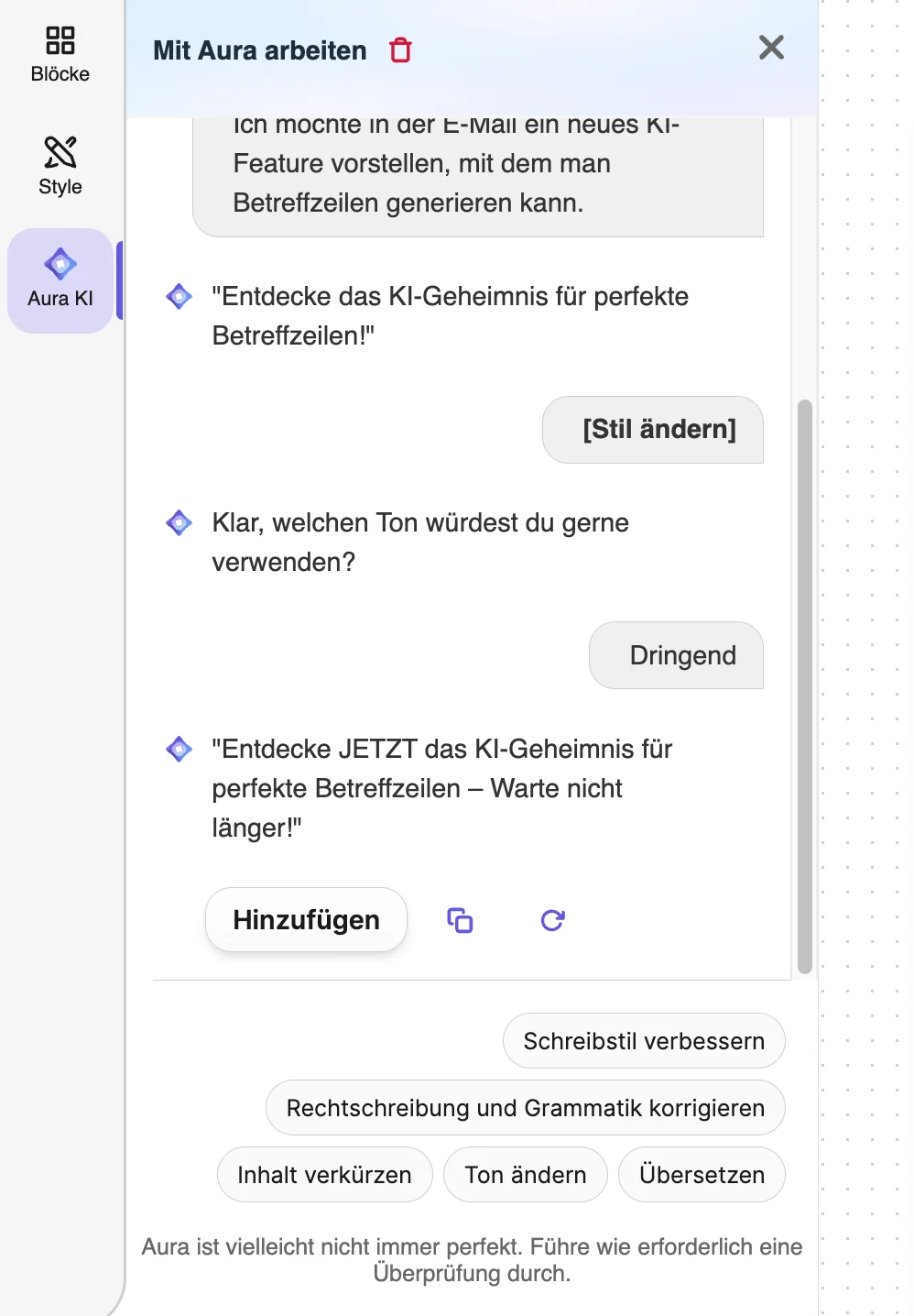 Screenshot des Aura KI-Assistenten in Brevo, der auf Wunsch den Ton einer E-Mail anpasst. Die KI reagiert auf die Eingabe ‚Dringend‘ und erzeugt einen neuen Titel mit mehr Dringlichkeit – ein Beispiel dafür, wie man mit KI Mails schreiben und gezielt optimieren kann.