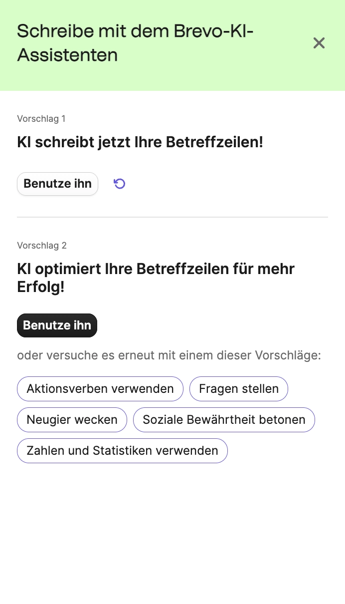 Screenshot des Aura KI-Assistenten in Brevo, der eine E-Mail-Betreffzeile mit dem Text „KI schreibt jetzt Ihre Betreffzeilen" generiert und im zweiten Schritt auf Wunsch der Nutzerin den Ton anpasst. Der angepasste Vorschlag lautet "KI optimiert Ihre Betreffzeilen für mehr Erfolg"