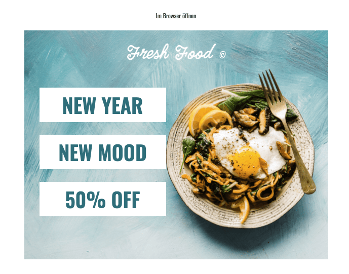 headerbild eines nudelgerichts mit nebenstehendem rabattcode als beispiel für bilder in emails
