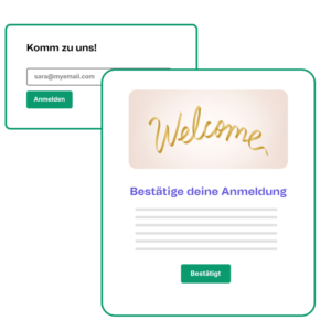 Screenshot einer Double-Opt-in Mail, verschickt mit Brevo. Im Hintergrund eine Anmeldebox mit dem Titel "Komm zu uns", im Vordergrund eine Mail mit dem Titel "Bestätige deine Anmeldung"