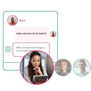 Screenshot einer Live-Chat-Unterhaltung im Hintergrund, im Vordergrund das Bild einer Frau, die auf ein Tablet schaut.