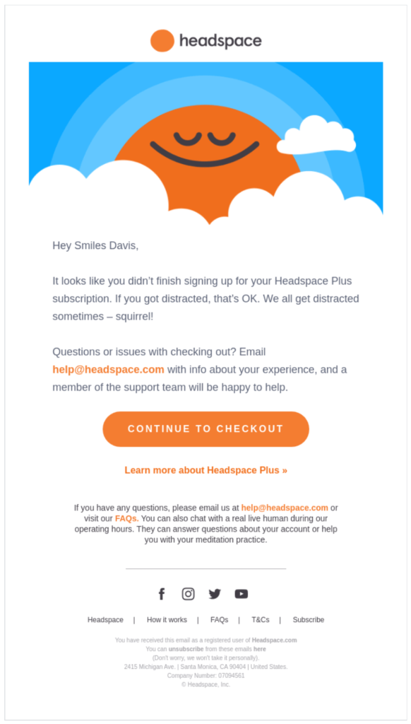 Beispiel Warenkorbabbrecher-Mail von Headspace