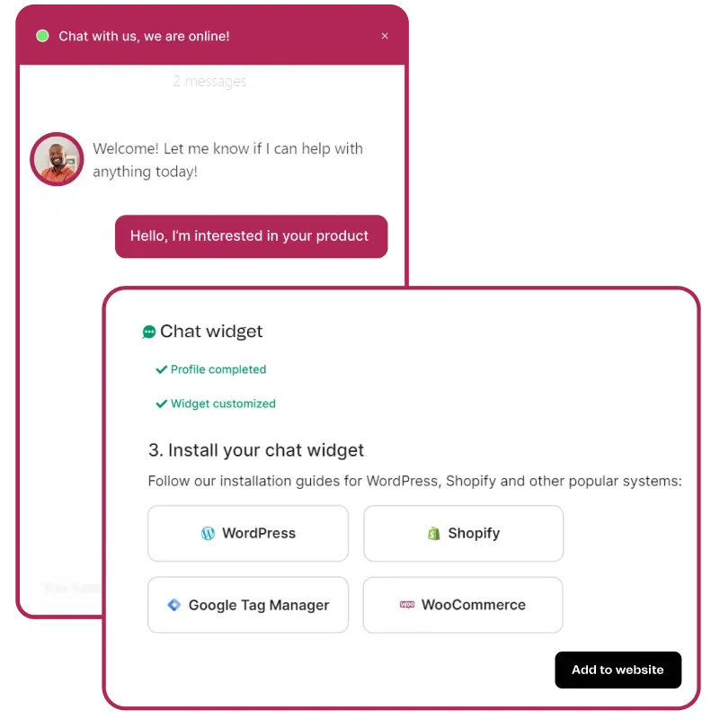 Abbildung des Live Chat Widgets von Brevo. Im Hintergrund wird ein Chat mit einem Kunden gezeigt, im Vordergrund ist ein Installationsschritt zu sehen, in dem Nutzer auswählen können, auf welcher Website sie den Live Chat einbetten möchten.