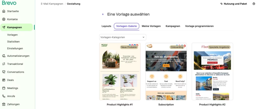 Screenshot der Newsletter Software Brevo, auf dem eine Vorlagengalerie mit verschiedenen E-Mail-Vorlagen zu sehen ist