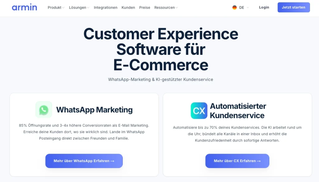 Homepage der WhatsApp Marketing Software Chatarmin mit dem Titel "Customer Experience Software für E-Commerce"