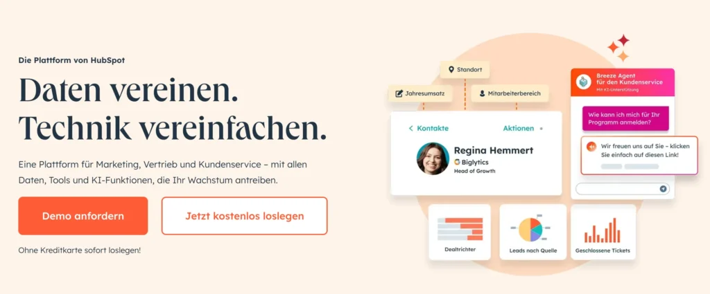 Landingpage des E-Commerce CRMs HubSpot mit dem Titel: Daten vereinen. Technik vereinfachen.