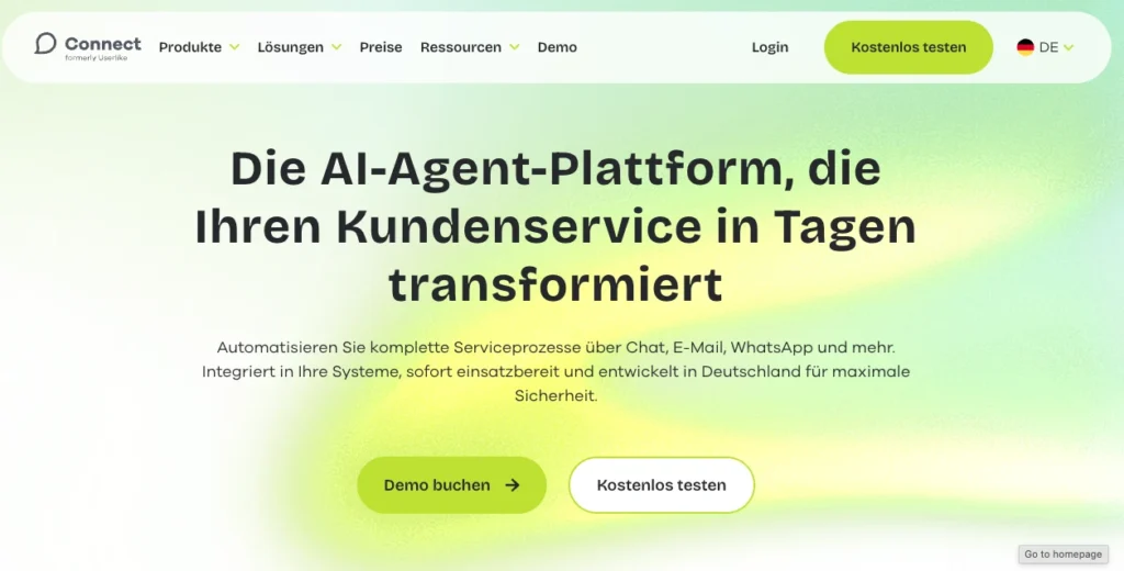 Homepage des WhatsApp Marketing Tools Lime Connect mit dem Titel "Die AI-Agent-Plattform, die Ihren Kundenservice in Tagen transformiert"