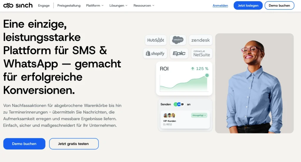 Homepage der WhatsApp Marketing Software Sinch Engage mit dem Titel "Eine einzige, leistungsstarke Plattform für SMS & WhatsApp – gemacht für erfolgreiche Konversionen"