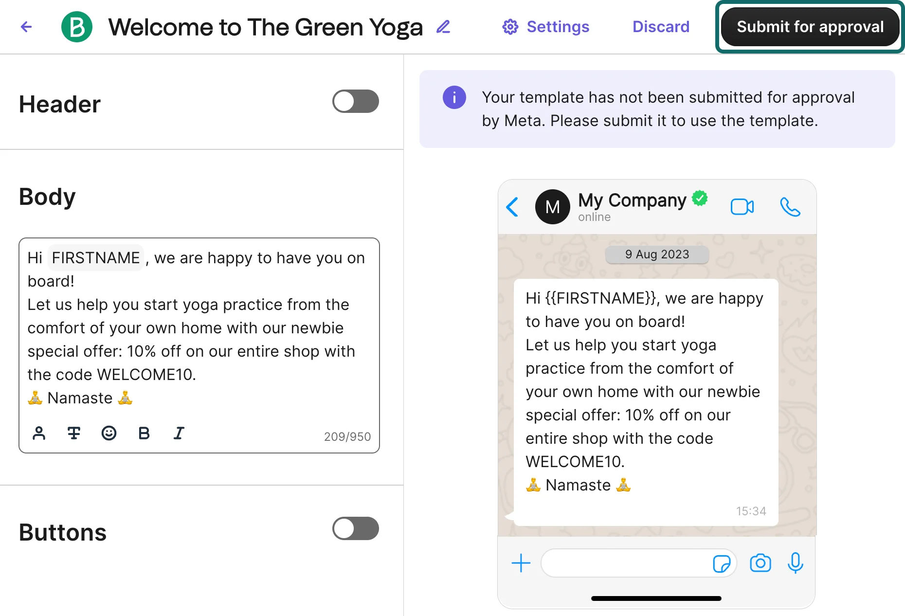 WhatsApp-Editor von Brevo, in dem eine Willkommensnachricht verfasst wurde. Brevo ist eine Customer Platform mit integrierter WhatsApp Marketing Software