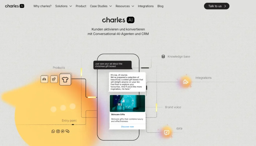 Homepage der WhatsApp Marketing Software Charles mit dem Titel "Kunden aktivieren und konvertieren mit Conversational-AI-Agenten und CRM"
