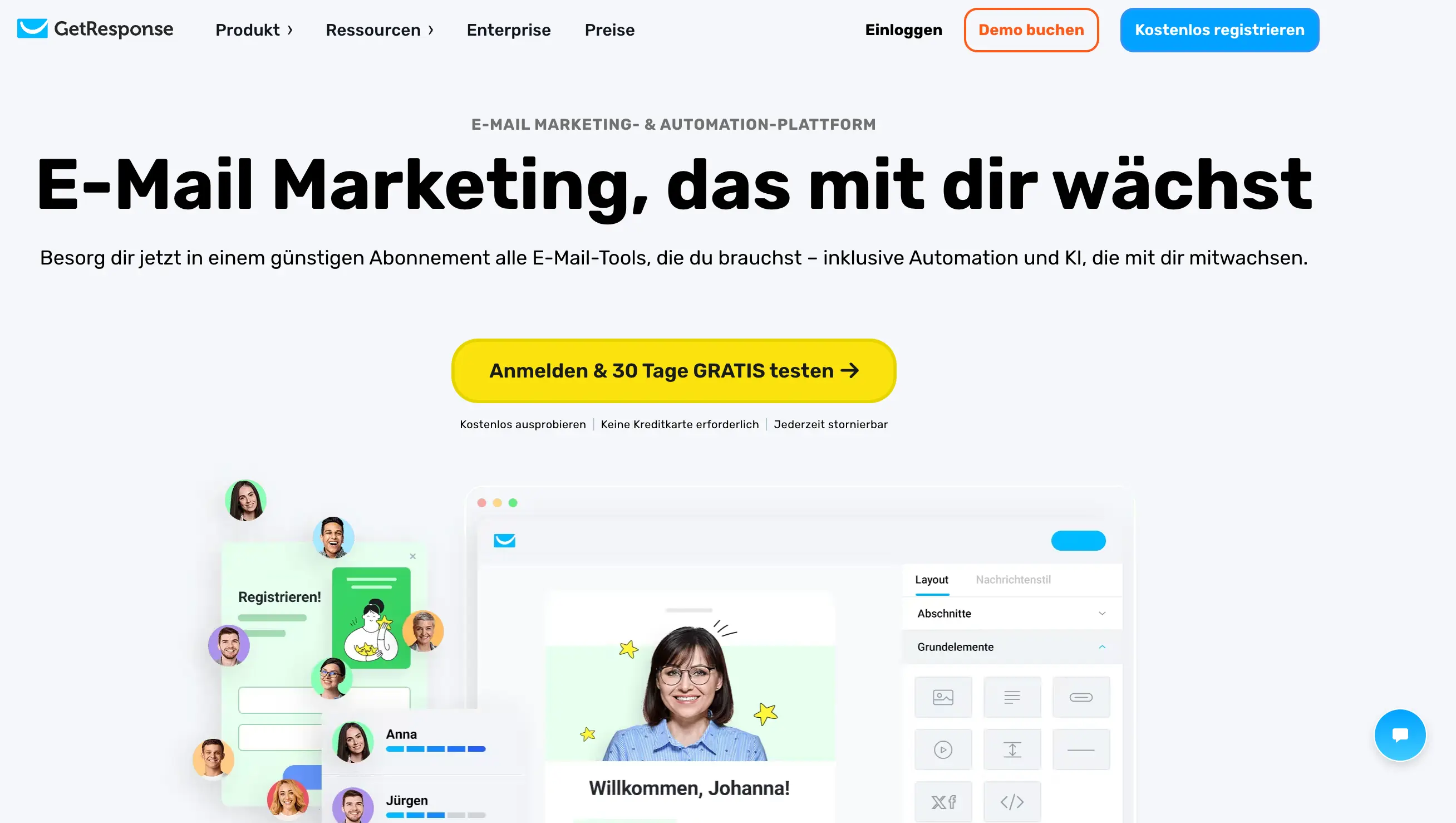 Homepage der Mailchimp-Alternative GetResponse mit dem Titel: E-Mail Marketing, das mit dir wächst