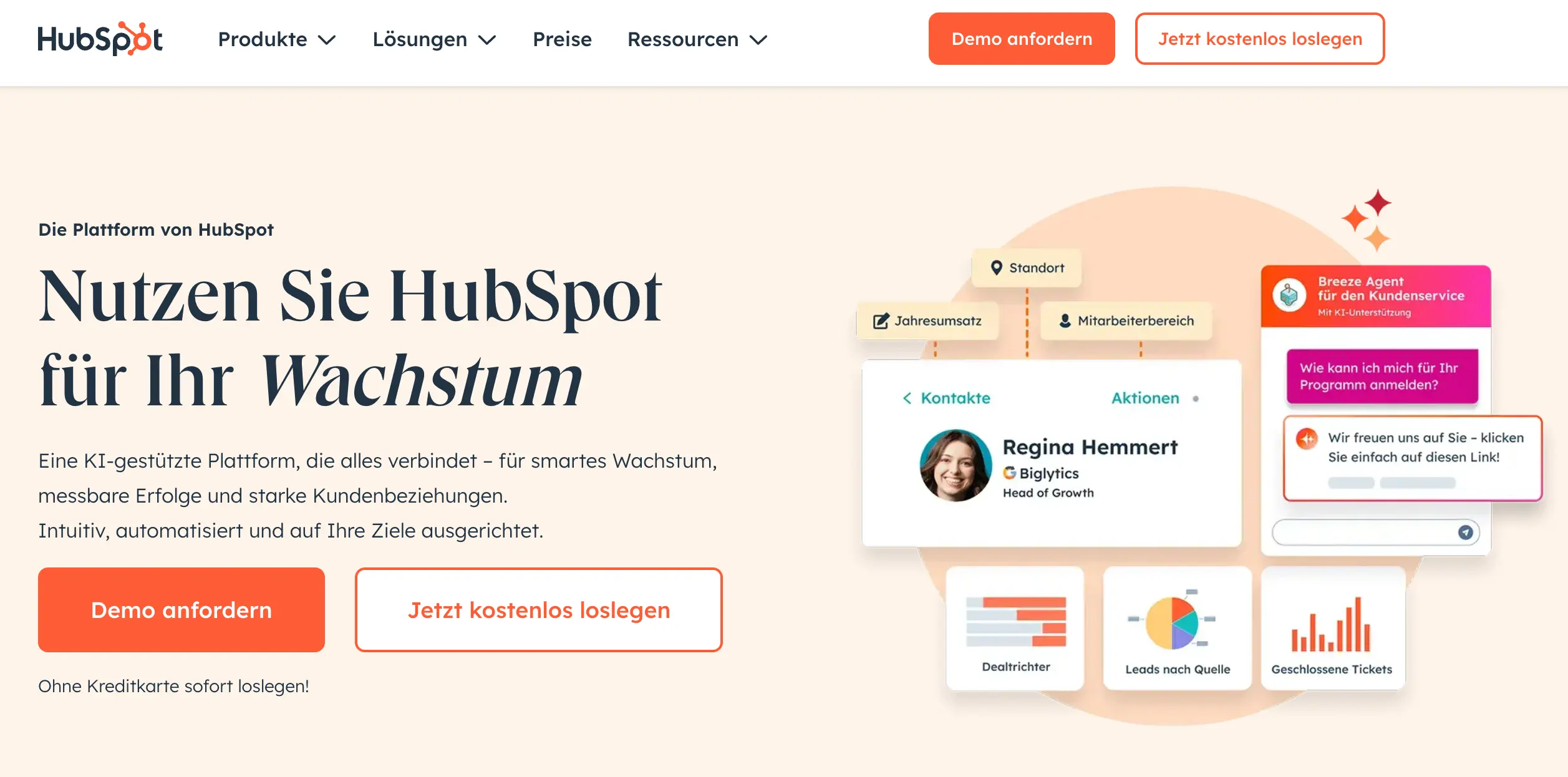 Homepage der Mailchimp-Alternative HubSpot mit dem Titel: Nutzen Sie HubSpot für Ihr Wachstum