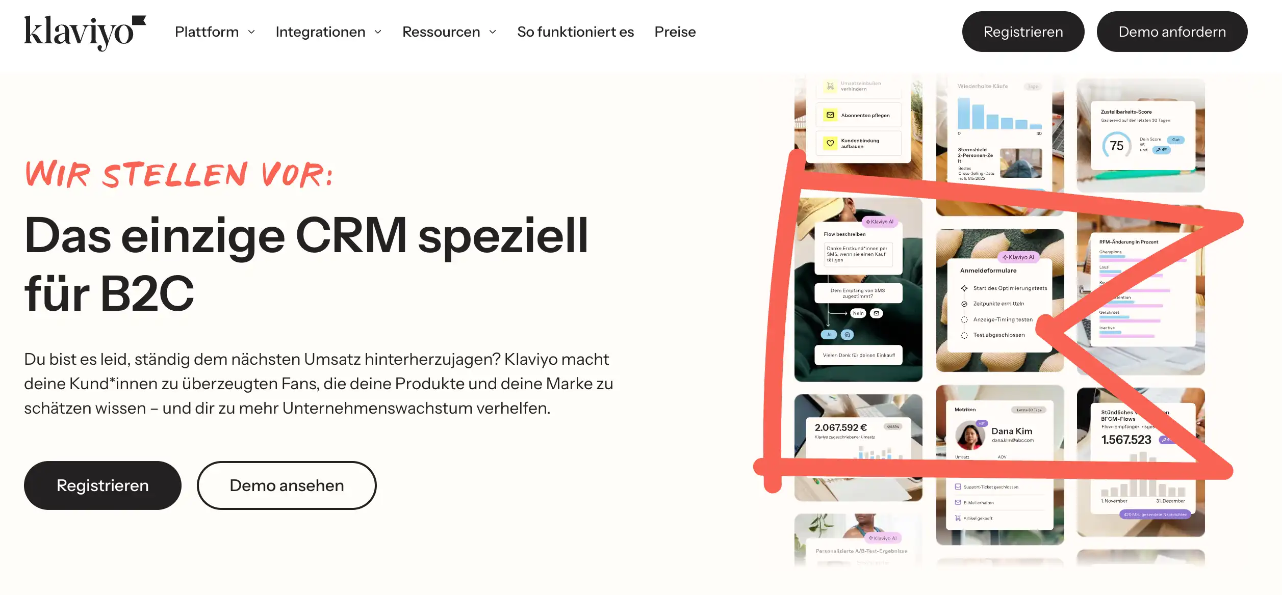 Homepage der Mailchimp-Alternative Klaviyo mit dem Titel: Das einzige CRM speziell für B2C