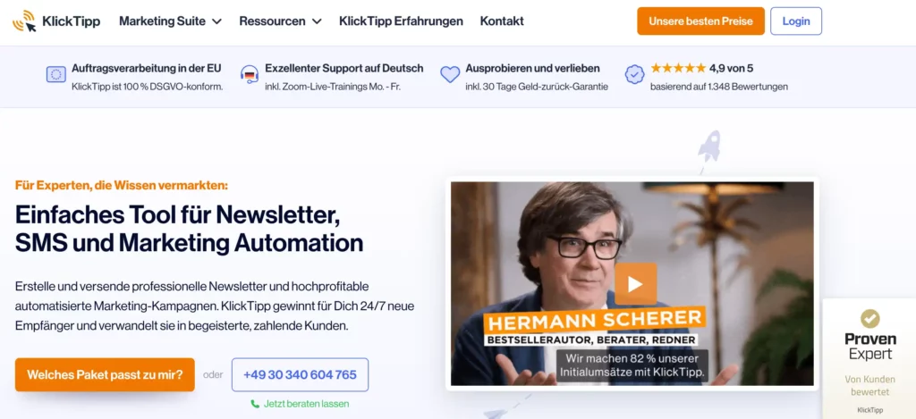Benutzeroberfläche der Rapidmail-Alternative KlickTipp für Newsletter, SMS und Marketing Automation.