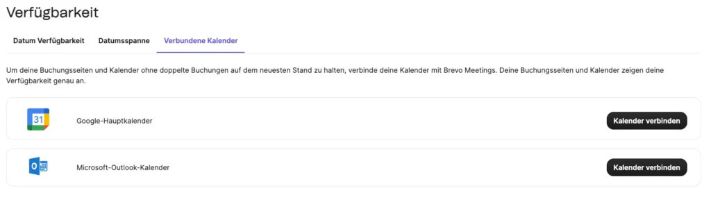 Screenshot des Terminbuchungstools Brevo, der zeigt, wie man das Tool mit externen Kalendern synchronisiert