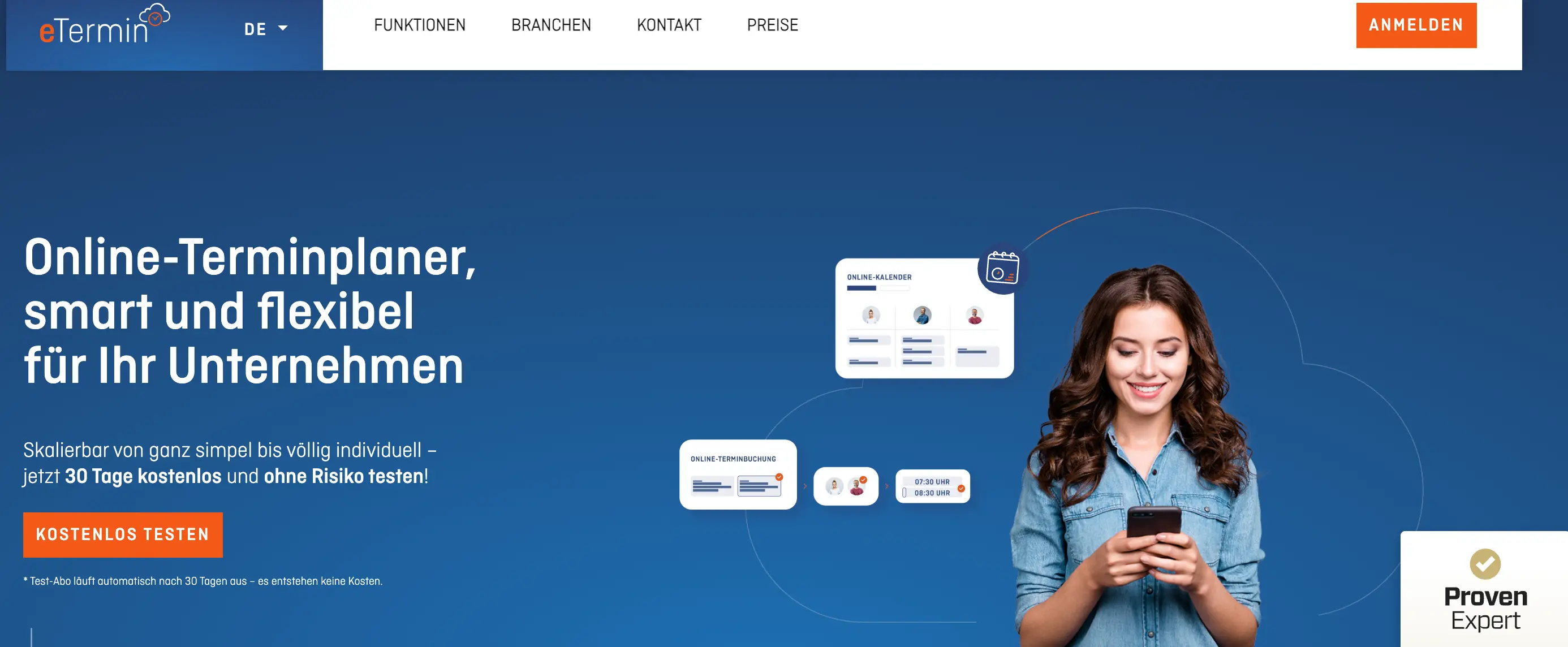 Homepage des Online-Terminbuchungssystems eTermin mit dem Titel: Online-Terminplaner, smart und flexibel für Ihr Unternehmen
