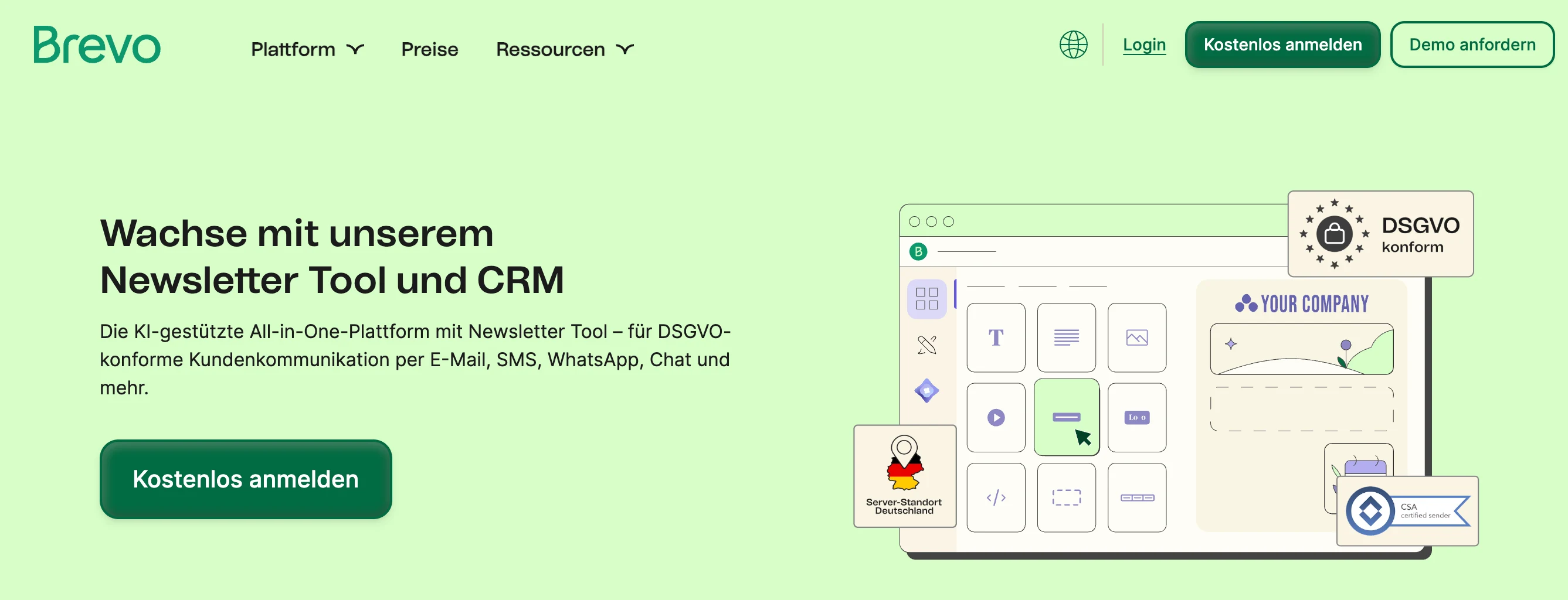 CRM-Systeme-Vergleich: CRM-Dashboard von Brevo mit der Überschrift "Wachse mit unserem Newsletter Tool und CRM"
