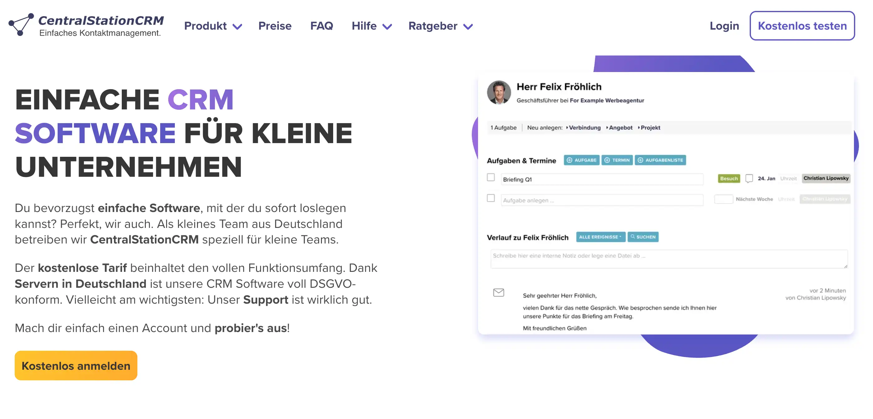 CRM-Systeme-Vergleich: Homepage von CentralStationCRM mit der Überschrift "Einfache CRM Software für kleine Unternehmen"