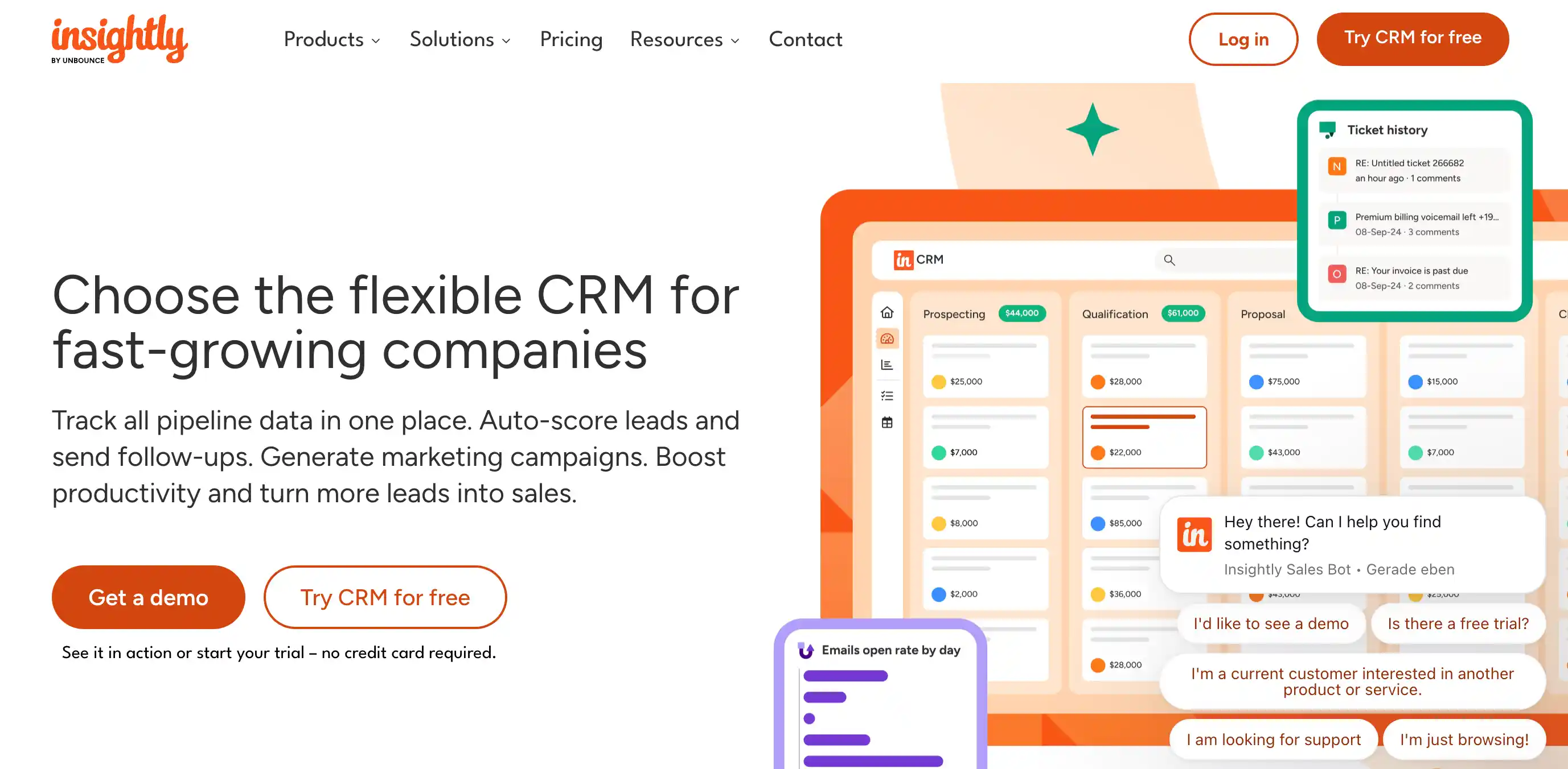 CRM-Systeme-Vergleich: Homepage von Insightly mit der Überschrift "Choose the flexible CRM for fast-growing companies"