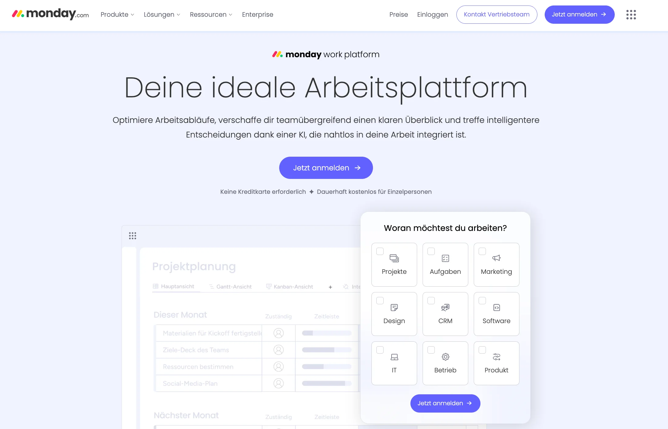 CRM-Systeme-Vergleich: Homepage von Monday mit der Überschrift "Deine ideale Arbeitsplattform"