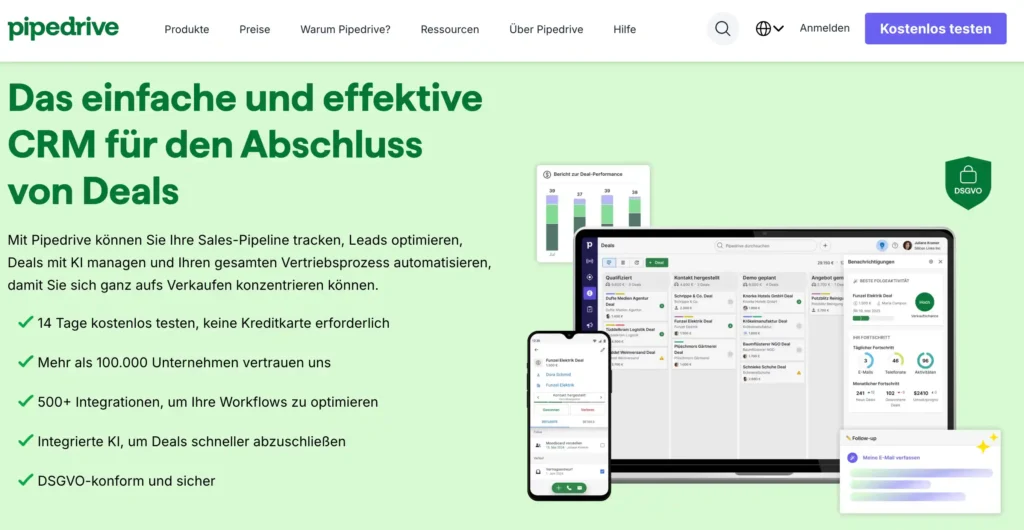 CRM-Systeme-Vergleich: Homepage von Pipedrive mit der Überschrift "Das einfache und effektive CRM für den Abschluss von Deals"