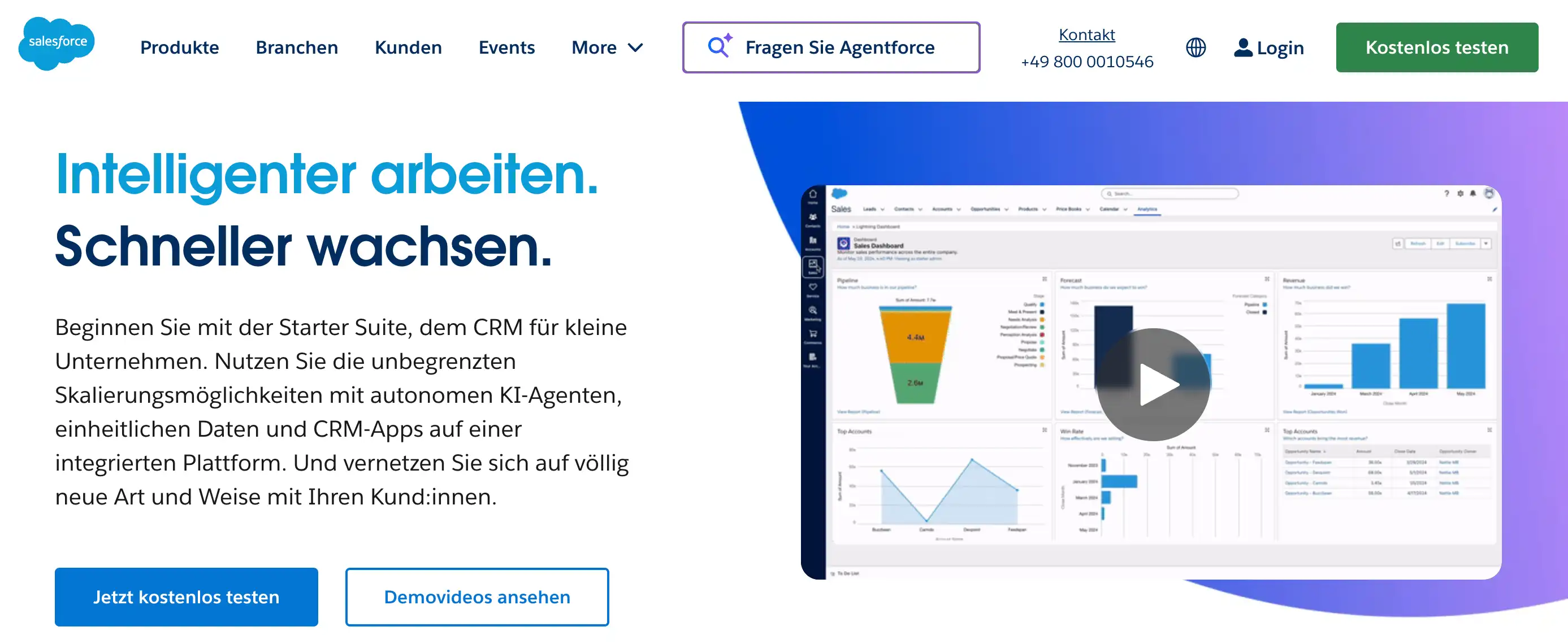 CRM-Systeme-Vergleich: Homepage von Salesforce mit der Überschrift "Intelligenter arbeiten. Schneller wachsen."