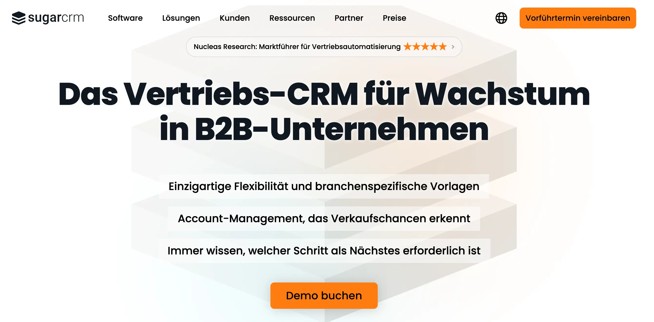 CRM-Systeme-Vergleich: Homepage von SugarCRM mit der Überschrift "Das Vertriebs-CRM für Wachstum in B2B-Unternehmen"