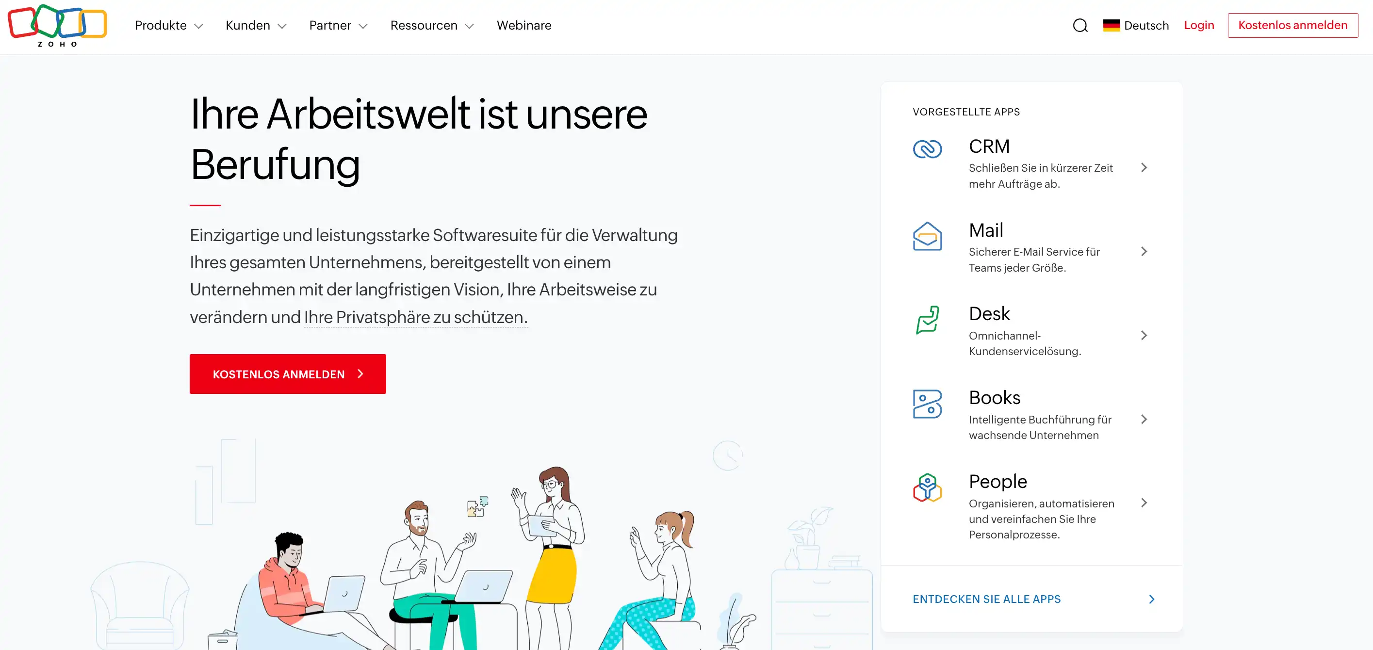 CRM-Systeme-Vergleich: Homepage von Zoho mit der Überschrift "Ihre Arbeitswelt ist unsere Berufung"