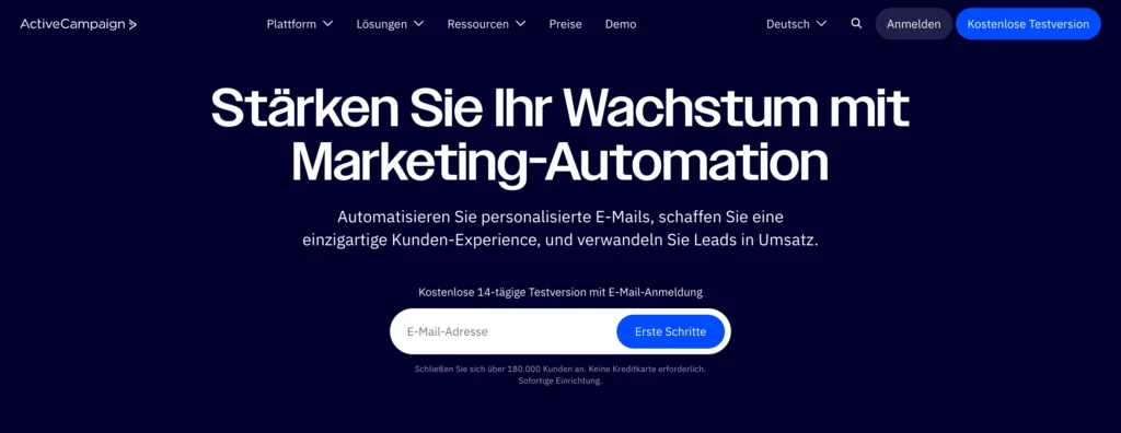 Benutzeroberfläche der Rapidmail-Alternative ActiveCampaign mit Funktionen für Marketing Automation.