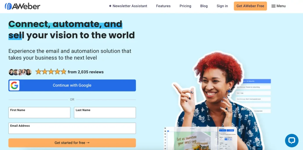 Homepage des Newsletter Tools AWeber mit dem Titel: Connect, automate, and sell your vision to the world