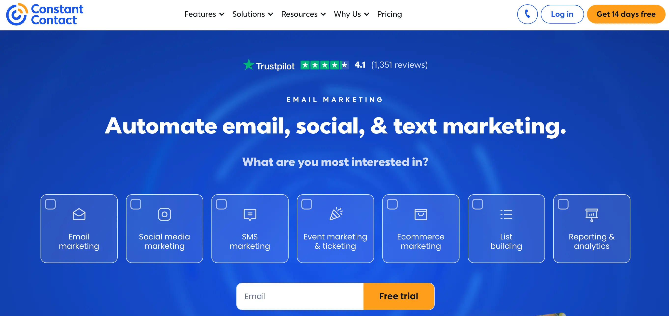 Homepage des Newsletter Tools Constant Contact mit dem Titel: Automate email, social, and text marketing