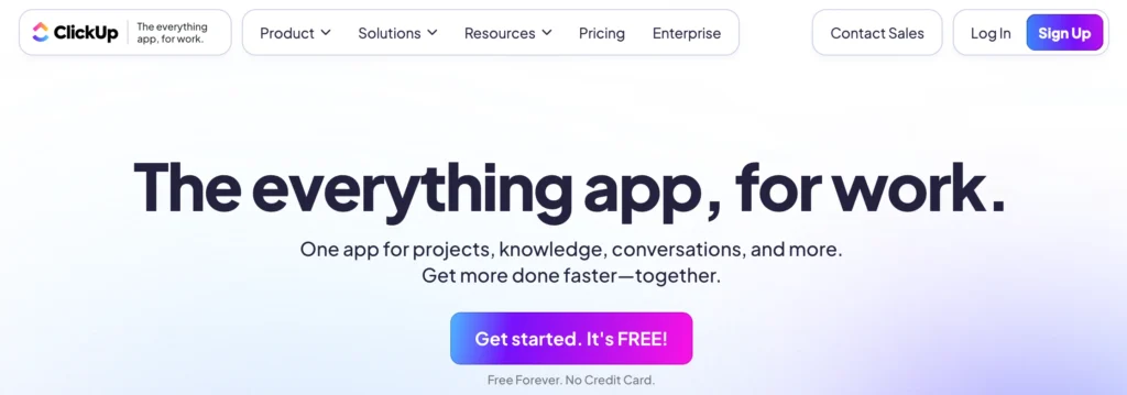 screenshot der homepage der zoho alternative clickup mit der headline "the everything app, for work"