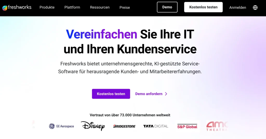 screenshot der homepage der zoho alternative freshworks mit der headline "vereinfachen sie ihre IT und ihren kundenservice"