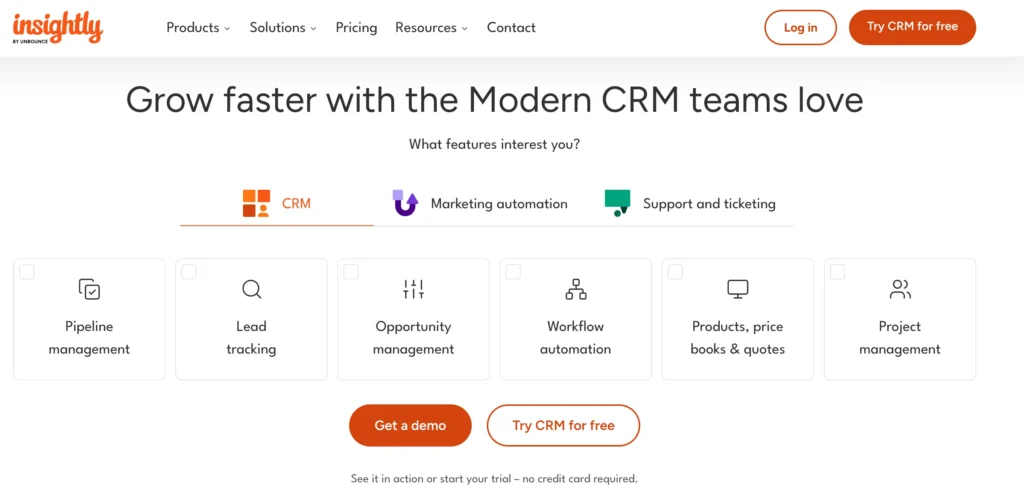 screenshot der homepage der zoho alternative insightly mit der headline "grow faster with the modern crm teams love"