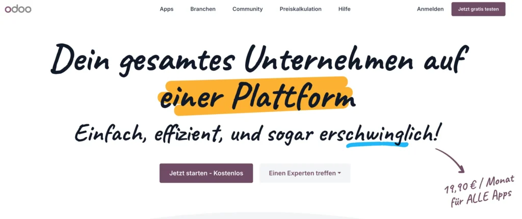 screenshot der homepage der zoho alternative odoo mit der headline "dein gesamtes unternehmen auf einer plattform"