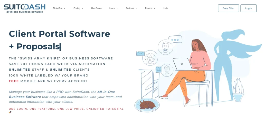 screenshot der homepage der zoho alternative suitedash mit der headline "client portal software + proposals"