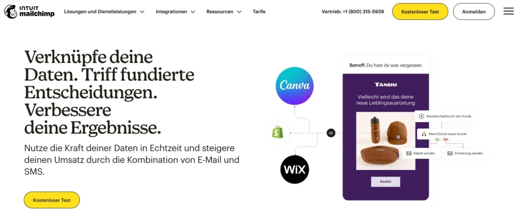 Homepage des WordPress Newsletter Plugins Mailchimp mit dem Titel: Verknüpfe deine Daten. Triff fundierte Entscheidungen. Verbessere deine Ergebnisse.