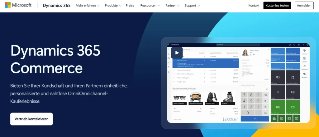 Landingpage des E-Commerce CRMs Microsoft Dynamics 365 Commerce mit dem Titel: Bieten Sie Ihrer Kundschaft und Ihren Partnern einheitliche, personalisierte und nahtlose Omnichannel-Kauferlebnisse
