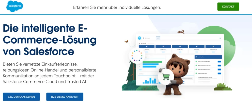 Landingpage des E-Commerce CRMs Salesforce Commerce Cloud mit dem Titel: Die intelligente E-Commerce-Lösung von Salesforce