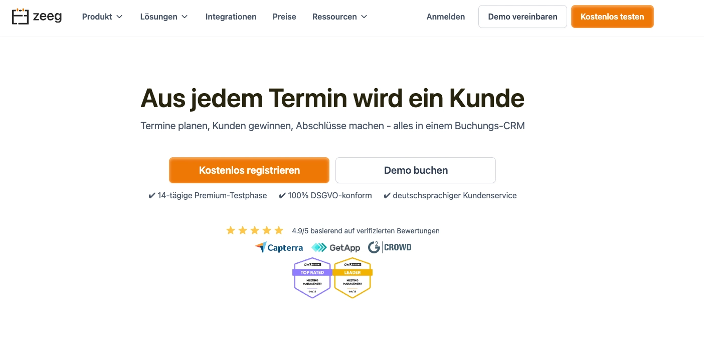 Homepage der Calendly-Alternative Zeeg mit dem Titel: Aus jedem Termin wird ein Kunde