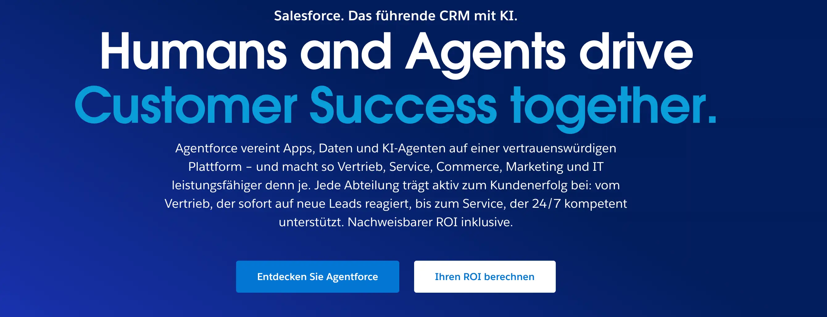 CRM-Systeme-Vergleich: Homepage von Salesforce mit der Überschrift "Humans and Agents drive Customer Success together."