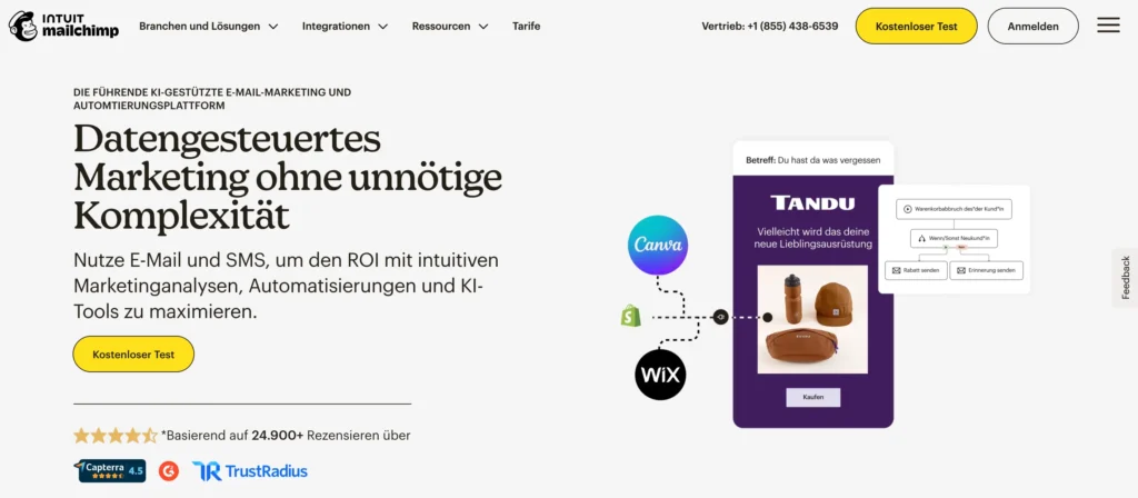 Homepage von Mailchimp