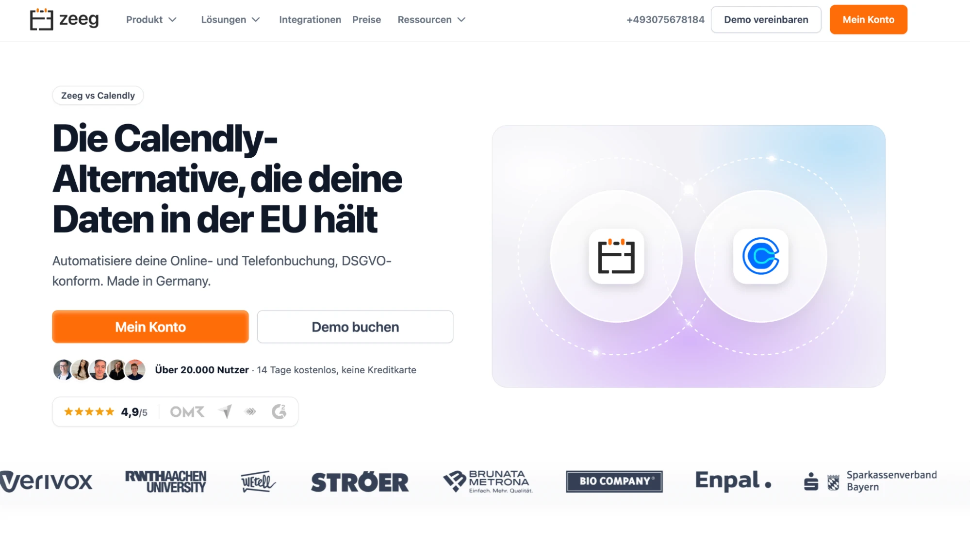 Website der Calendly-Alternative Zeeg mit dem Titel: Die Calendly-Alternative, die deine Daten in der EU hält