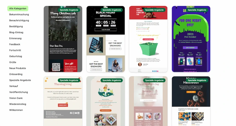 Screenshot der Vorlagengalerie von Brevo, einem beliebten Newsletter Tool